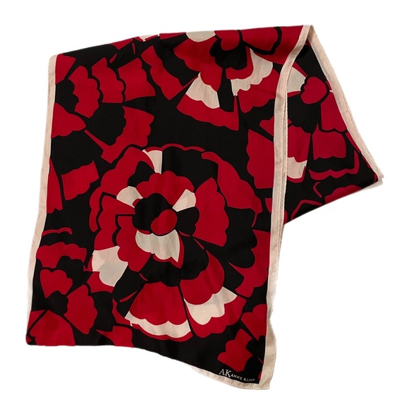 Anne Klein silk scarf in red and black floral. Oblong shape 14 by 60 inches. - Picture 1 of 6